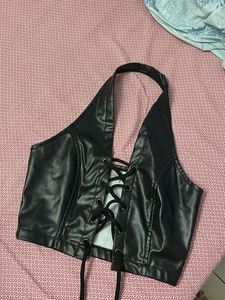 Black Leather Halter Neck Top