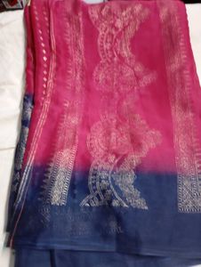 Used Elegant Pink &amp; Navy Blue Saree