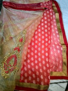 RED 🍒 AND BEIGH NET SAREE