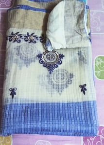 A Blue Handloom Saree With Stitched Blouse Size34