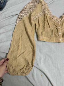 Tan Coquette Top With Lace Details