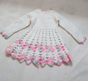Cute Pink And White Woolen Handmade Frock