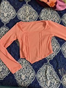 Coral Ribbed Long Sleeve Top