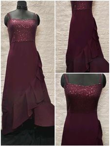 Flarry Maroon Spaghetti Gown With Embroidery