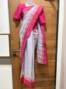 🌺 Rose Grey Handprint Cotton Saree be