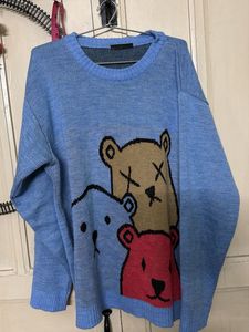 Cute Bear Print Blue Sweater