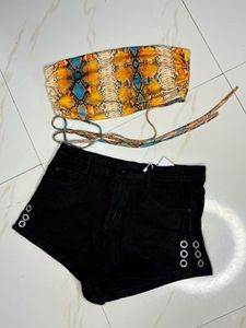 SET OF 2 Snakeskin Print Tube Top And Black Shorts