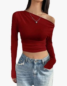 Red One-Shoulder Long Sleeve Crop Top