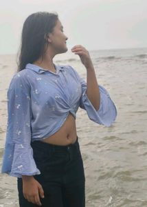 BLUE MICKEY PRINTED BEACH VIBE CROP TOP.