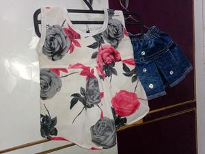 White Floral Top With Denim Skirt