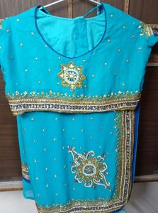 party wear saree firozi colour saree &amp; dark blue border with beautifu work as per showing in pic full length saree blouse size mention in pic