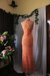 Peach Lace High Neck Cocktail Dress