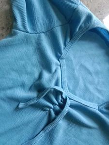 Blue Ribbed Tie-Front Top