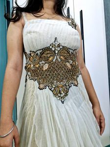 Silver Heavy Work Long Full Flair Gown For Women.