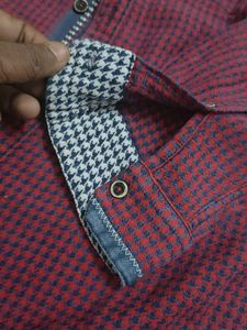 Burgundy Houndstooth Shirt with Denim Accents