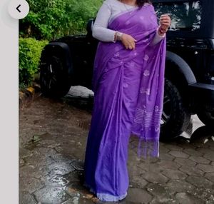 Purple Cotton Saree with readymade blouse and foun