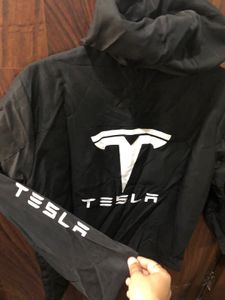 Stylish Black Polyester Jacket With Tesla Print