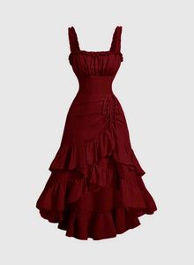 Vintage Burgundy Ruffled Midi Dress