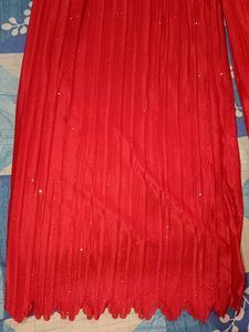 Red Pleated Wed Leg Sparkle Pants, Palazo