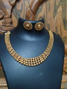 Golden Beaded Necklace and Earring Set