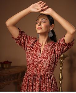 Patterned Midi Dress with Puff Sleeves