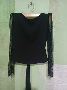 Black Lace Sleeve Tie-Waist Top