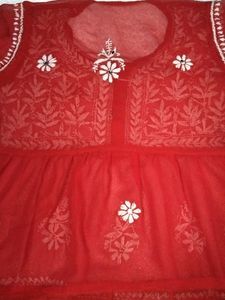 Red Chikan Kari Kurti With Mirror Work