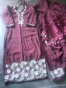 Embroidered Maroon Kurta Set