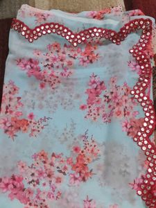 Floral Print Saree With Blouse Mirror Design