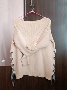 Cream Lace-Up Sweater