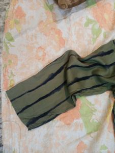 Unused Olive Green Striped Kurta, Size - L