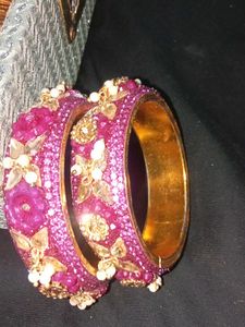 Pink Bangles With Silver Pearls And Golden Stones