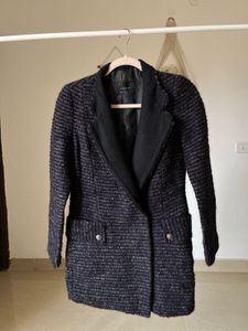 Elegant BLack-Purple Tweed Blend Coat