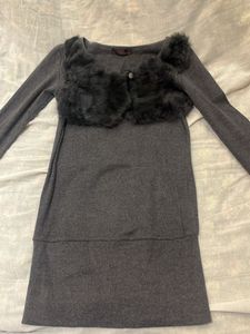 Gray Dress with Fur Detail