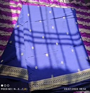 Beautiful Royal Blue Silk Sari With Golden Border