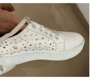 White Shoes with Cute Golden Design
