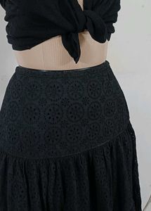 Black Schiffli Tiered Flared Skirt