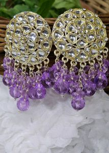 Golden Kundan With Light Purple Beads Earrings.