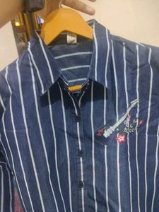 Navy Blue Cropped Stripes Shirt