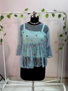 Sky Blue Mesh Sequins Top