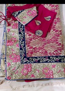 Pink Net+Chiffon Sari With Blouse