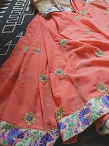 Coral Peach Saree With Blouse Piece