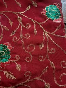 Elegant Red Saree with Gold &amp; Green Embroidery