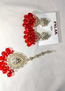 Red Bead Earrings & Tikka Set