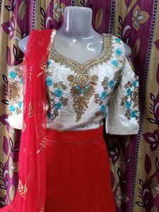 Red &amp; White Embroidered Lehenga