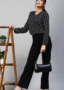 Black &amp; White Vertical Striped V-Neck Shirt Top