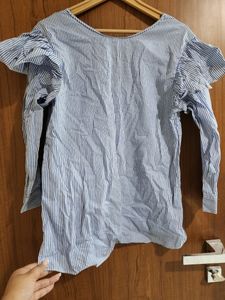 Zara White And Blue Stripes Top