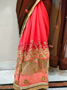 Pretty Pink And Burgundy Saree With Net Pattern
