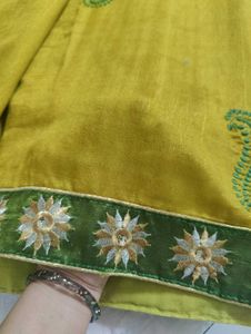 Yellow Sari with Embroidered Border