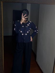 Vintage Navy Blue Embroidered Knit Cardigan